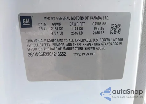 2012 Chevrolet Impala Ltz z USA, uszkodzony, nr VIN 2G1WC5E32C1213552